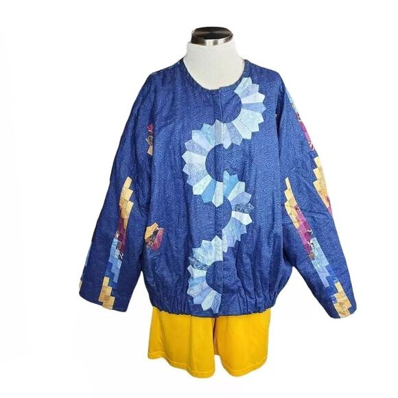 Artisan Jacket Coat 'Women's Blue Yellow Patchwork Zip Lined Handcrafted Plus 4X - Picture 1 of 12